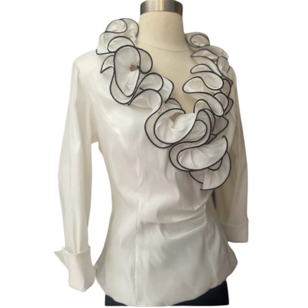 XSCAPE White Black Ruffled Formal Blouse Sz 12 - Picture 2 of 14